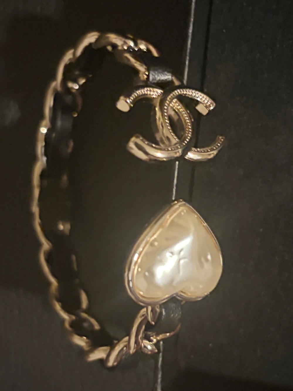 CHANEL Gold-Tone Chain Bracelet with Cream Heart and CC Accent
